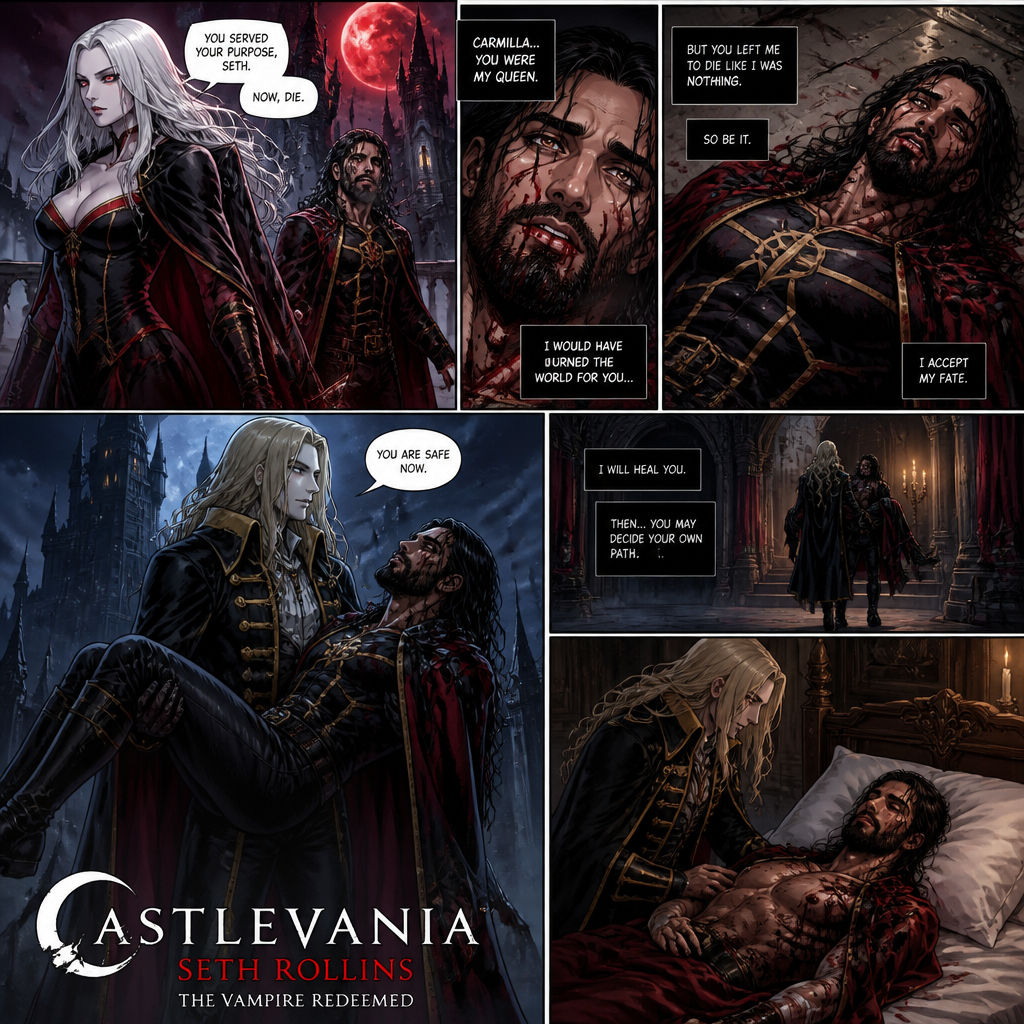 WWE superstar Seth Rollins as a vampire in Castlevania (Netflix series).He was Carmilla’s loyal companion…Till she betrayed him and left him to die.he was weakened.He just layed there and accepted his fate…Then…A long came Alucard.He lifted Seth up in his
Arms and walked to his castle.After he got there He gently put Seth on the bed