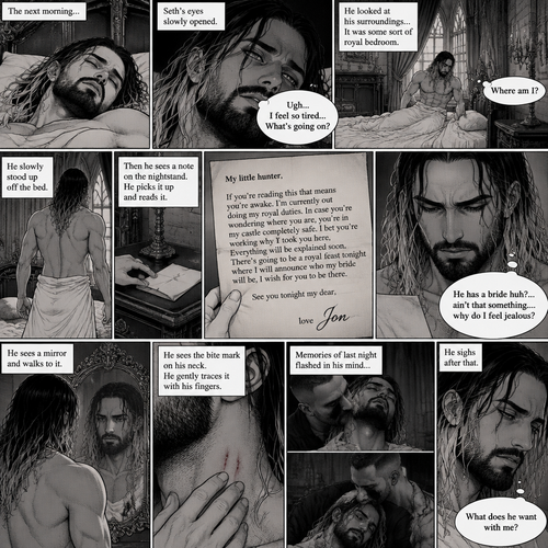 (Recap) Seth Rollins (The vampire hunter) was lured into the ruins by a whisper,Then Jon Moxley (The vampire king) grabbed him from behind,He sniffed Seth’s neck and then pierced it with his fangs,After 4 minutes the fangs were out of Seth’s neck,Seth was weak,Then Jon lifted Seth in his arms and began walking. (And now part 2). The next morning,Seth was still unconscious. Eventually…Seth’s eyes slowly opened,He was feeling tired,He was confused,then he looked at his surroundings,it was some sort of royal bedroom. “Where am I?” Seth asked himself. He slowly stood up off the bed,Then he sees a note on the nightstand,He picks it up and reads it. It says “My little hunter,If you’re reading this that means you’re awake. I’m currently out doing my royal duties. In case you’re wondering where you are,You’re in my castle completely safe. I bet you’re working why I took you here,Everything will be explained soon. There’s going to be a royal feast tonight where I will announce who my bride will be,I wish for you to be there. See you tonight my dear, love Jon”. “He has a bride huh?… ain’t that something….why do I feel jealous?” Seth said to himself. He sees a mirror and walks to it,He sees the bite mark on his neck,He gently traces it with his fingers. Memories of last night flashed in his mind,he sighs after that. What does he want with me?” Seth asked himself (End of part 2)