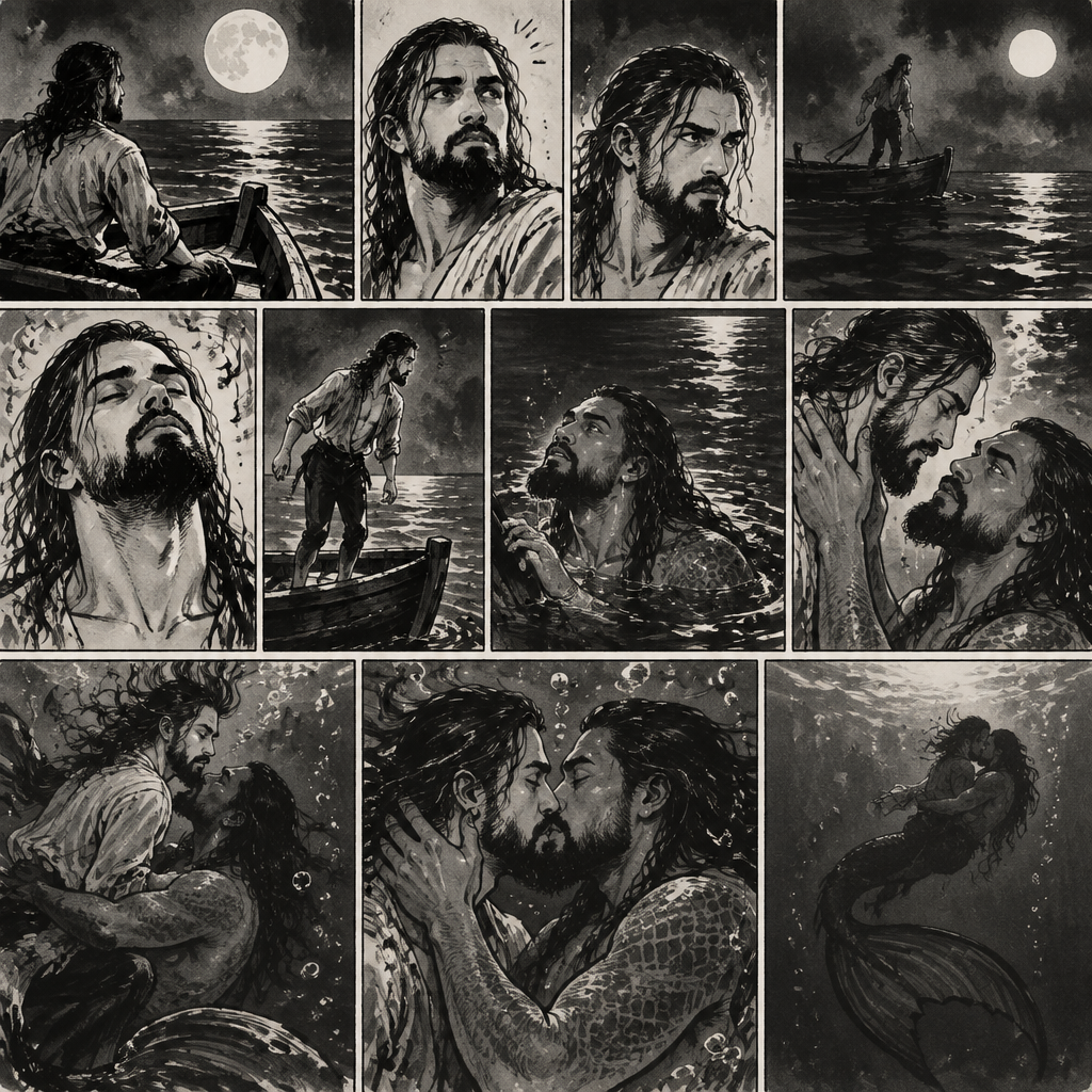 Seth Rollins was alone on a boat at night,He looked at the moon. Then….he heard…singing,he tried looking for the source. “Where is it coming from?” Seth asked himself. Then….the singing got louder,Then….Seth…strangely….started to relax…as if he was in a trance. He slowly…walked to the edge of the boat…as if the singing was telling him to. Then…something popped out of the water….it was a siren (Roman Reigns),The singing came from him. Still hypnotized by the siren song Seth learned forward. The siren gently pulled Seth underwater,He gently pulled Seth into his embrace,then…he kissed him