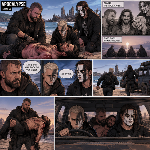Part 3 of the apocalypse story.Jon Moxley,Darby Allin and Steven Borden (Sting’s son) Found Seth Rollins unconscious and badly injured on the beach while reminiscing about the time before the apocalypse.They had no idea what happened to him.Seth’s breathing was a bit shallow. “Let’s get him back to the camp” Said Jon. “I’ll Drive” Said Darby. Darby and Steven ran to the car,Jon lifted Seth in his arms and followed behind.Darby got in the driver’s seat,Steven got in the passenger seat and Jon got in the back while holding Seth