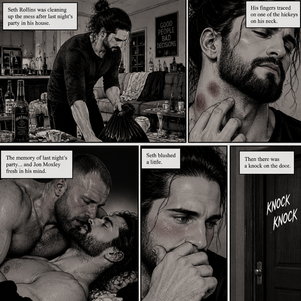 (Part 2) Seth Rollins was cleaning up the mess after last night’s party in his house. His fingers traced on one of the hickeys on his neck. The memory of last night’s party…and Jon Moxley Fresh in his mind. Seth blushed a little,Then there was a knock on the door