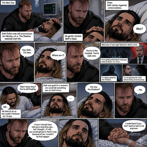 (Part 2 of the Vigilante x detective story). The next day,Seth Rollins (The detective) was still unconscious. Jon Moxley (A.K.A The vigilante known as the shadow) was watching over him. He gently stroked Seth’s head. Then…Seth slowly regained consciousness. He spoke weakly “Mox?”. “Hey Seth…I’m here” Jon said Softly. Seth was silent for a bit before he spoke weakly “Where am I?”. “You’re in the hospital,You’re safe now” Jon said softly. Memories of last night flashed in Seth’s mind,From getting attacked by Bad guys hired By Baron von virus to being saved by the shadow to recognizing his voice before losing consciousness. Seth tried to sit up but couldn’t because of the pain. “Take it easy okay?,You’re still healing” Jon said softly. Seth was quiet for a moment. Jon could tell something was on Seth’s mind. Then…Seth asked Jon the one question that he thought in his mind “Are you the shadow?”. Jon knew this day would come. He didn’t deny it. “…Yes” Jon said softly. Seth was quiet for a moment again. Jon gently took Seth’s hand as he spoke “I know I should have told you a long time ago…but I thought…if I did…you would get put in harm’s way because of me,I couldn’t let that happen”. Seth processed what Jon said. “I understand if you…don’t want to talk to me anymore” said Jon
