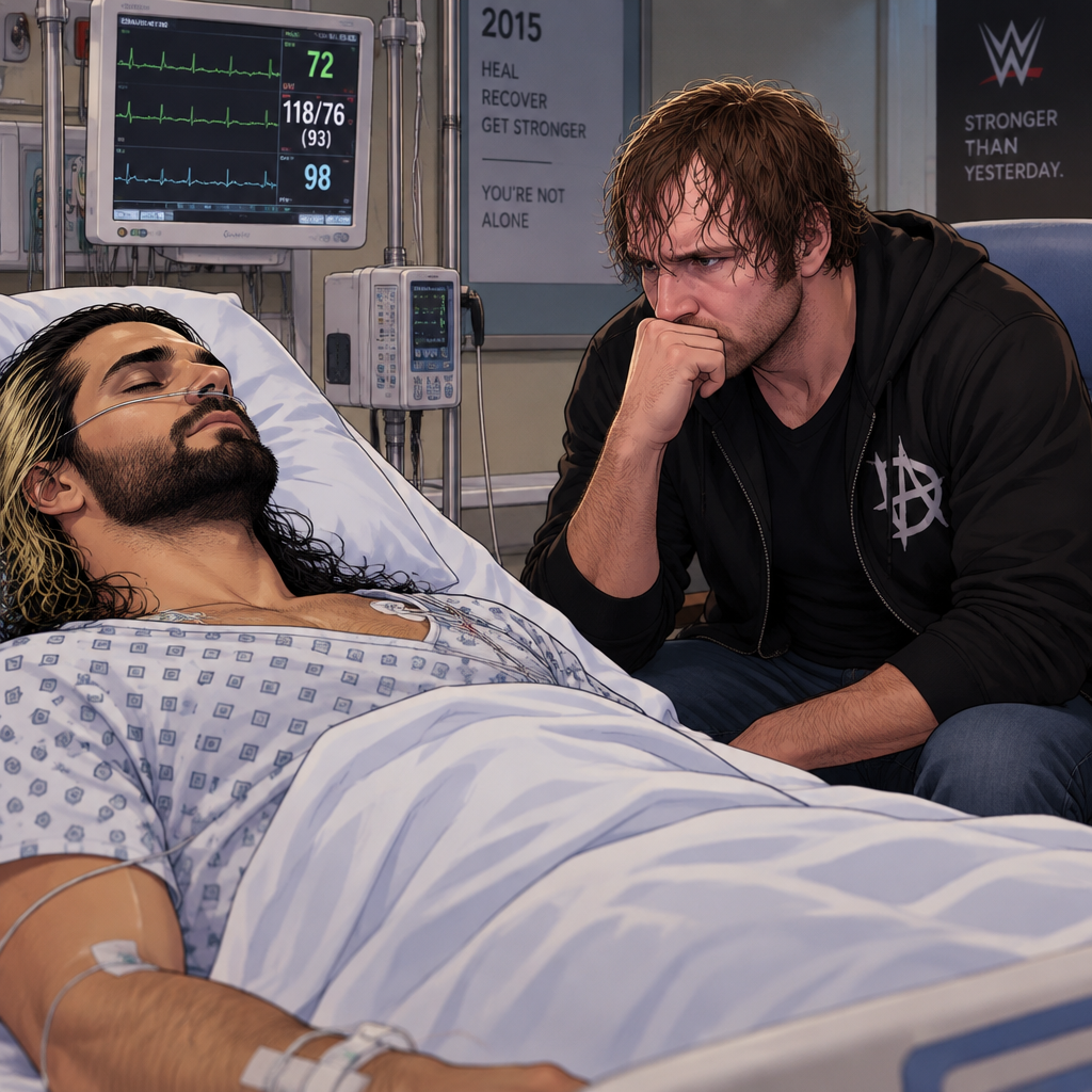 It’s the year 2015,We’re in a hospital. Seth Rollins was lying in a hospital bed unconscious. Dean Ambrose was sitting by his side