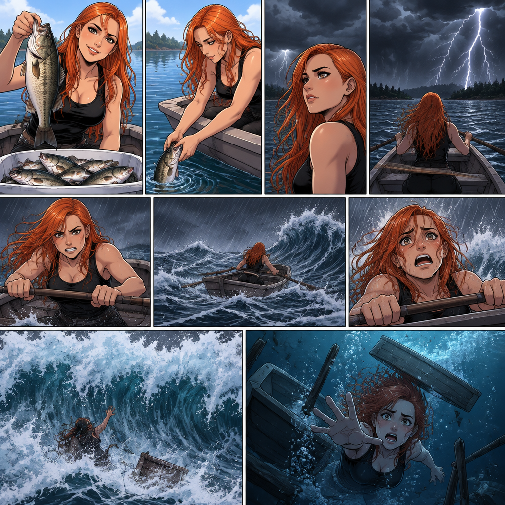 Becky Lynch is in a fishing boat,She had a long day of fishing. She caught a lot of fish (she released them after). She was about to head back to shore….then suddenly…thunder. She started to row back…then the waves started to rise,Then heavy rain. Becky kept trying to row back to shore,Then….A giant wave came crashing down on Becky’s boat. She started sinking in the ocean