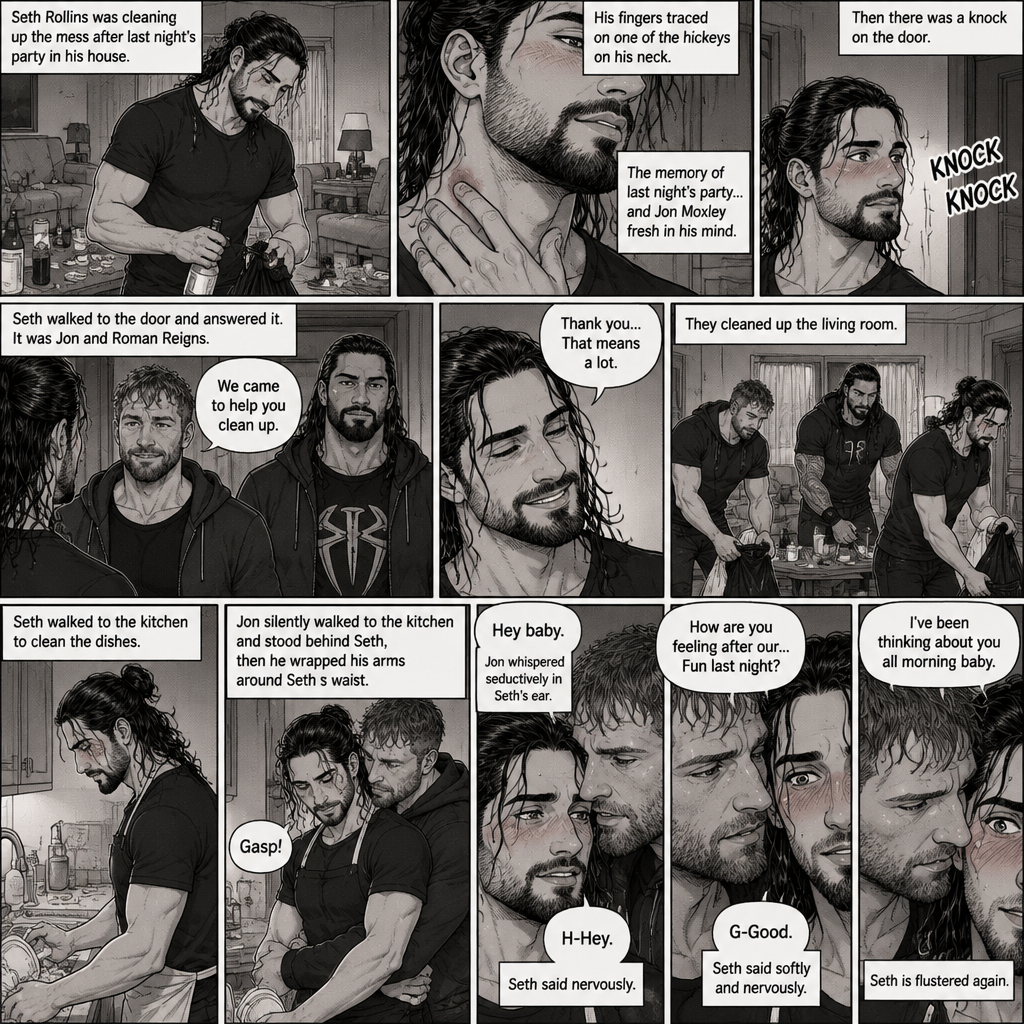 (Part 2) Seth Rollins was cleaning up the mess after last night’s party in his house. His fingers traced on one of the hickeys on his neck. The memory of last night’s party…and Jon Moxley Fresh in his mind. Seth blushed a little,Then there was a knock on the door. Seth walked to the door and answered it,It was Jon and Roman Reigns. They came to help Seth clean up. Seth was thankful for that. They cleaned up the living room. Seth walked to the kitchen to clean the dishes. Jon silently walked to the kitchen and stood behind Seth,Then he wrapped his arms around Seth’s waist. Seth gasped softly. “Hey baby” Jon whispered seductively in Seth’s ear. Seth blushed. “H-Hey” Seth said nervously. “How are you feeling after our…Fun last night?” Jon asked softly. Seth was flustered. “G-Good” Seth said Softly and nervously. Jon whispered in Seth’s ear seductively “I’ve been thinking about you all morning baby”. Seth is flustered again