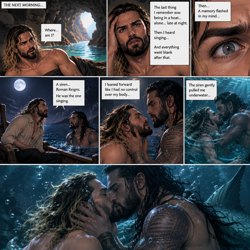 (Part 2 of the siren x human story). The next morning Seth Rollins woke up in some sort of cave,He was confused as to how he got there.The last he remembered was being in a boat alone late at night…then he heard singing…and everything went blank after that,Then….A memory flashed in his mind….A siren (Roman Reigns) came to his boat…he was the one singing. Seth leaned forward like he had no control over his body (He was hypnotized by the siren song btw). The siren gently pulled him underwater,Then he kissed him