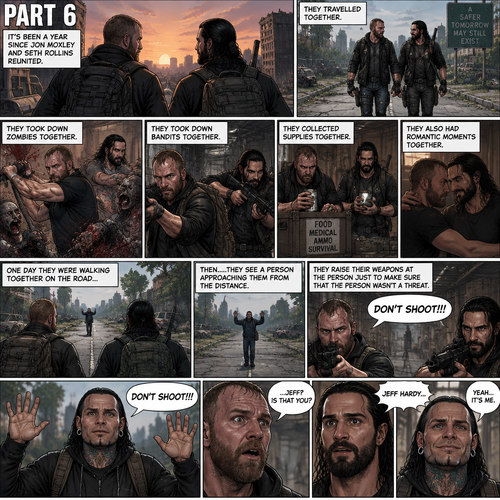 (Part 6). Still in the zombie apocalypse. “it’s been a year since Jon Moxley and Seth Rollins reunited. They travelled together,They took down zombies together,They took down bandits together,They collected supplies together,They also had romantic moments together. One day they were walking together on the road…Then…..they see a person approaching them from the distance. They raise their weapons at the person just to make sure that the person wasn’t a threat. The person raised his hands and shouted “DON’T SHOOT!!!”. They recognized that voice…It was Jeff Hardy
