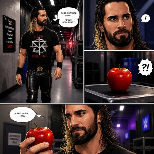 Seth Rollins was walking back stage minding his own business,Then he saw a red apple