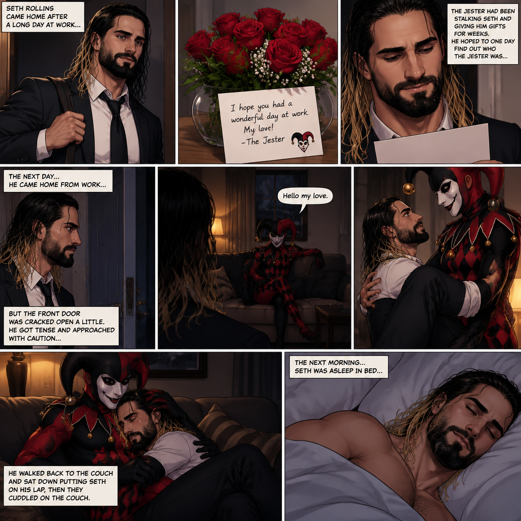 (Recap) Seth Rollins came home after a long day at work,a bouquet of roses were on the table,There’s a card that says “I hope you had a wonderful day at work My love! -The Jester”,The jester had been stalking Seth and giving him gifts for weeks,he hoped to one day find out who the Jester was,the next day he came home from work…But the front door was cracked open a little,he got tense and approached with caution,then he heard a voice coming from the living room “Hello my love”,The Jester was sitting on Seth’s couch,The Jester got up,he slowly walked towards Seth,He lifted Seth in his arms,He walked back to the couch and sat down putting Seth on his lap,Then they cuddled on the couch. (And now part 2). The next morning,Seth was asleep in bed