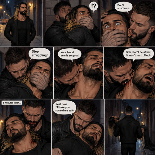 Seth Rollins was walking down a sidewalk alone at night,Then…Someone (Finn Bálor) grabbed him from behind and pulled him into an alleyway. Seth tried to yell for help but the person Covered his mouth with his hand. The person whispered in Seth’s ear “Don’t scream”. Seth struggled but the person was somehow stronger than him. “Stop struggling!” The person said with an irritated tone. Seth was breathing heavily. The person sniffed Seth’s neck. “Your blood smells so good” Said the person. Seth’s heart was pounding with fear. “Shh,Don’t be afraid,It won’t hurt…Much” The person said softly. Then…the person’s fangs pierced Seth’s neck. Seth groaned. The person held Seth. After about 8 minutes,The person removed his fangs from Seth’s neck. Seth was weak and barely conscious. The person lifted Seth in his arms. “Rest now,I’ll take you somewhere safe” The person said softly. He walked away into the night With Seth in his arms