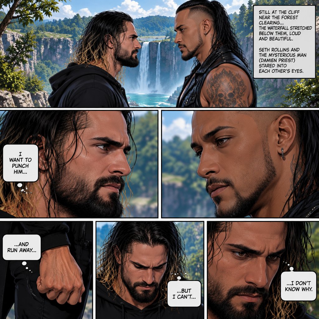 (Part 4). Still at the cliff near the forest clearing with the waterfall view. Seth Rollins and the mysterious man (Damien Priest) were staring into each other’s eyes. Seth wanted to punch the man and run away…but he couldn’t…he didn’t know why