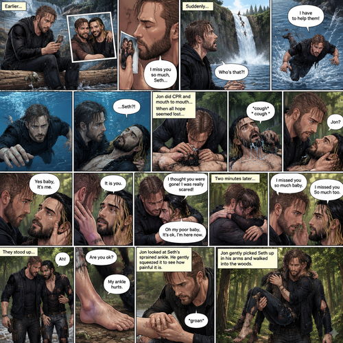 (Recap) Still in the zombie apocalypse. (This was Jon Moxley’s POV). Jon sat on a log near the river alone looking sad,He was looking at a romantic photo of him and Seth Rollins before the apocalypse began,He thought Seth died the day of the apocalypse started 4 years ago,He gently kissed the photo and said he misses Seth So much,He saw someone fall down the waterfall,he jumped in the water,As he swam he got a better look at the person,It turned out to be Seth,He swam faster and got him,He was to shore and Gently placed Seth’s down,He did CPR and mouth to mouth on Seth,When all hope seemed lost Seth coughed out water,Jon gently held Seth with tears of joy streaming down his face,Seth slowly opened his eyes,”Jon?” Seth asked weakly. (And now part 4). Jon gently placed his hand on Seth’s cheek. “Yes baby,It’s me” Jon said Softly. Seth gently placed his hand on Jon’s cheek to see if he’s real,Tears streamed down his face. “It is you” Seth said through his tears. Jon gently pulled Seth into a hug,Seth cried on Jon’s shoulder. Jon gently stroked the back of Seth’s head while Seth continued to cry on Jon’s shoulder. “I thought you were gone!,I was really scared!” Seth said through his tears. “Oh my poor baby,It’s ok,I’m here now” Jon said softly. Jon Gently rubbed Seth’s back to try to soothe him. After 2 minutes,Seth slowly stopped crying. They looked at each other,Jon gently wiped away the tears on Seth’s face,Then they kissed each other. “I missed you so much baby” Jon said softly. “I missed you So much too” Seth said softly. They stood up….then pain shut up Seth’s sprained ankle. “Are you ok?” Jon asked. “My ankle hurts” Said Seth. Jon looked at Seth’s sprained ankle,He gently squeezed it to see how painful it is,Seth groaned in pain a little. Jon gently picked Seth up In his arms and walked into the woods. (End of part 4)