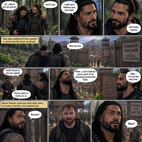 (Part 2 of the Zombie Apocalypse story). Still in the woods,Still far away from the zombies. Roman Reigns was still limping from the sprained ankle and Seth Rollins was helping him walk. It had been 4 hours since they reunited. “So…where are we going?” Roman asked. “You’ll see” said Seth. “I still can’t believe you survived” Said Roman. “Got lucky i guess” said Seth. They kept walking till they spotted a community like town up a head. “Here we are” Said Seth. They walked towards it. One of the guards recognized Seth. The guards let Seth and Roman in. Roman looked at the surroundings,he was amazed. “Wow…I can’t believe you’re part of an amazing community Seth” Said Roman. “Well…I’m not the only one” said Seth. Before Roman could ask what Seth ment….He heard a familiar voice behind him “Roman?”. He turned around…it was Jon Moxley (formerly known as Dean Ambrose). “Mox?” Asked Roman