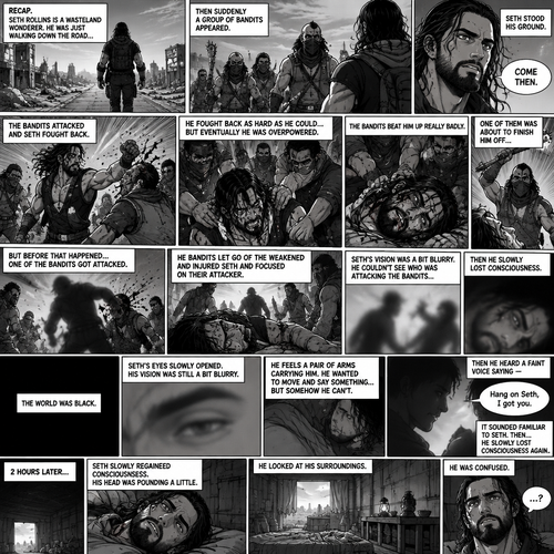 (Recap).Seth Rollins is a wasteland wonderer,He was just walking down the road,Then suddenly A group of bandits appeared,Seth stood his ground,Then the bandits attacked and Seth fought back,He fought back as hard as he could,but eventually he was overpowered,The bandits beat him up really badly,One of them was about to finish him off but before that happened One of the bandits got attacked,The bandits let go of the weakened and Injured Seth and focused on their attacker,Seth’s vision was a bit blurry,he couldn’t see who was attacking the bandits,then he slowly lost consciousness. (And now part 2). The world was black. Seth’s eyes slowly opened,His vision was still a bit blurry. He feels a pair of arms carrying him. He wanted to move and say something…but somehow he can’t. Then he heard a faint voice saying “Hang on Seth,I got you”. It sounded familiar to Seth. Then…Seth slowly lost consciousness again. 2 hours later,Seth slowly regained consciousness. His head was pounding a little. He looked at his surroundings. He was confused