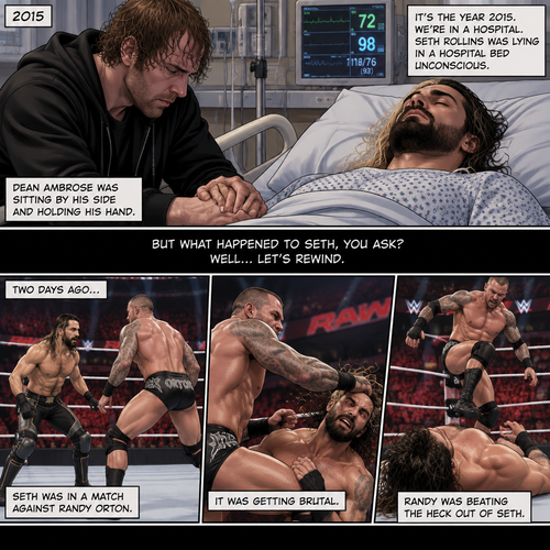 It’s the year 2015,We’re in a hospital. Seth Rollins was lying in a hospital bed unconscious. Dean Ambrose was sitting by his side and holding his hand. (What happened to Seth you ask? Well…let’s rewind to two days ago). Seth was in a match against Randy Orton. It was getting brutal. Randy was beating the heck out of Seth
