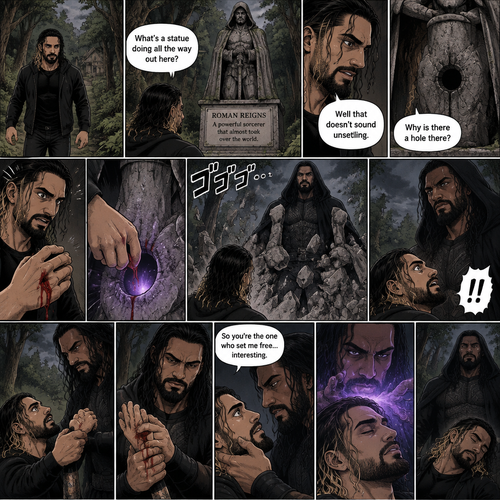 Seth Rollins was walking in the woods near his house,Then…he discovered an old statue Of a man in a cloak (Roman Reigns). “What’s a statue doing all the way out here?” Seth asked himself. He looks at the nameplate “Roman Reigns,A powerful sorcerer that almost took over the world”. “Well that doesn’t sound unsettling” Seth said to himself sarcastically. Then he noticed a hole on the statue. “Why is there a hole there?” Seth asked himself. Then….Seth somehow accidentally cut his hand. A little bit of his blood dripped into the hole,Then…..the hole started glowing,Then the statue….started to crack. Then…the statue broke apart….revealing…the sorcerer himself. Seth was shocked. The sorcerer looked down at Seth. Seth was about to scramble away…but the sorcerer grabbed His wrist before he could get away. He pulled Seth up off the ground by the wrist. He looked at the cut on Seth’s hand. Then he looked back at Seth. Then..the sorcerer spoke “so you’re the one who set me free…interesting”. Seth’s heart was pounding. The sorcerer pulled Seth toward him to get a closer look. He looked at Seth’s eyes. Then…the sorcerer used a spell to make Seth sleep