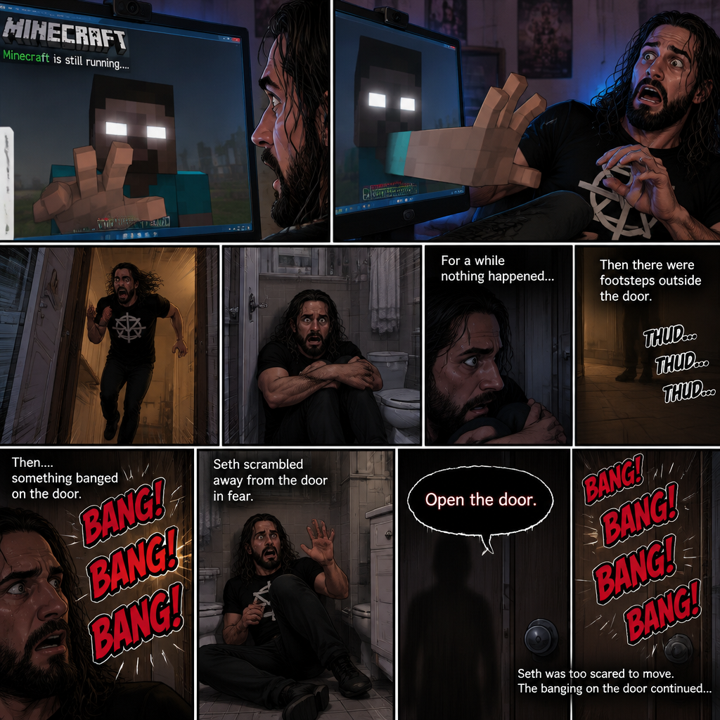 (part 2) Minecraft is still running. Herobrine still stared at Seth Rollins through the webcam. Seth was still paralyzed from fear. Herobrine put his hand on the screen…it went through. Seth ran out of the room in fear and locked himself in the bathroom. For a while nothing happened…then there were footsteps outside the door. Seth’s heart was pounding. Then…..something banged on the door. Seth scrambled away from the door in fear. Then a voice spoke from the door “Open the door”. Seth was too scared to move. The banging on the door continued