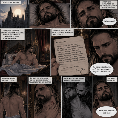 (Recap) Seth Rollins (The vampire hunter) was lured into the ruins by a whisper,Then Jon Moxley (The vampire king) grabbed him from behind,He sniffed Seth’s neck and then pierced it with his fangs,After 4 minutes the fangs were out of Seth’s neck,Seth was weak,Then Jon lifted Seth in his arms and began walking. (And now part 2). The next morning,Seth was still unconscious. Eventually…Seth’s eyes slowly opened,He was feeling tired,He was confused,then he looked at his surroundings,it was some sort of royal bedroom. “Where am I?” Seth asked himself. He slowly stood up off the bed,Then he sees a note on the nightstand,He picks it up and reads it. It says “My little hunter,If you’re reading this that means you’re awake. I’m currently out doing my royal duties. In case you’re wondering where you are,You’re in my castle completely safe. I bet you’re working why I took you here,Everything will be explained soon. There’s going to be a royal feast tonight where I will announce who my bride will be,I wish for you to be there. See you tonight my dear, love Jon”. “He has a bride huh?… ain’t that something….why do I feel jealous?” Seth said to himself. He sees a mirror and walks to it,He sees the bite mark on his neck,He gently traces it with his fingers. Memories of last night flashed in his mind,he sighs after that. What does he want with me?” Seth asked himself
