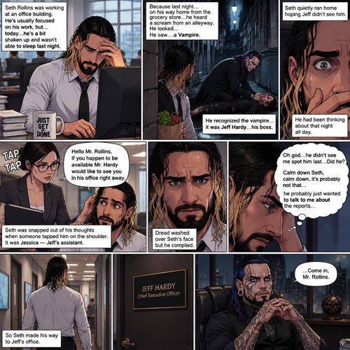 Seth Rollins was working at an office building. He’s usually focused on his work,But…today….he’s a bit shaken up and wasn’t able to sleep last night. Because last night….on his way home from the grocery store…he heard a scream from an alleyway. He looked…He saw….a Vampire. He recognized the vampire…it was Jeff Hardy…his boss. Seth quietly ran home hoping Jeff didn’t see him. He had been thinking about that night all day. He was snapped out of his thoughts when someone tapped him on the shoulder,It was Jessica Jeff’s assistant. “Hello Mr.Rollins,If you happen to be available Mr.Hardy would like to see you in his office right away” said Jessica. Dread washed over Seth’s face but he complied. “Oh god…he didn’t see me spot him last…Did he?,Calm down Seth,calm down,it’s probably not that…he probably just wanted to talk to me about the reports” Seth though