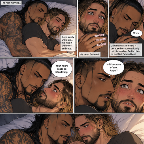 (Recap). Seth Rollins (College student) had just finished studying late at night,Then there was a noise downstairs,he investigated,the front door was open,He closed,Then there was a dripping noise in the kitchen,He goes to investigate,it was just a leaky faucet,He turned it off,he turned around,Damien priest (The bad boy) was right behind him,His chest had scratch marks on it and his shoulder had a huge bite mark on it,Seth was horrified,He goes to turn on the light but Damien grabbed his wrist before he could,he pulled Seth closer to him,Then he puts his head on Seth’s shoulder,His body was shaking a little as if he was crying,he said to Seth “Help me…please…Angel”,Seth slowly wrapped his arms around Damien,Damien’s body slowly relaxed as if he felt safe in Seth’s arms,Seth takes Damien to the bathroom,he grabs a first aid kit,he gently cleans Damien’s wounds and bandages them afterwards,Seth said “There,That should do it,Damien looks up at Seth and softly said “Thank you,Angel”,Seth blushed a little and said to Damien “you’re welcome” (And now part 3). The next morning,Seth and Damien were asleep in Seth’s bed,Seth slowly woke up,He was in Damien’s embrace. He blushed and his heart fluttered. Damien must’ve heard it because he subconsciously put his hand on Seth’s chest to feel Seth’s heartbeat and hummed softly in his sleep. Seth was flustered,Then…Damien slowly woke up and looked at Seth. “Your heart beats so beautifully” Damien said in a soft voice. Damien then whispered in Seth’s ear. “Is it because of me,Angel?” Damien asked seductively. The blush on Seth’s face deepened