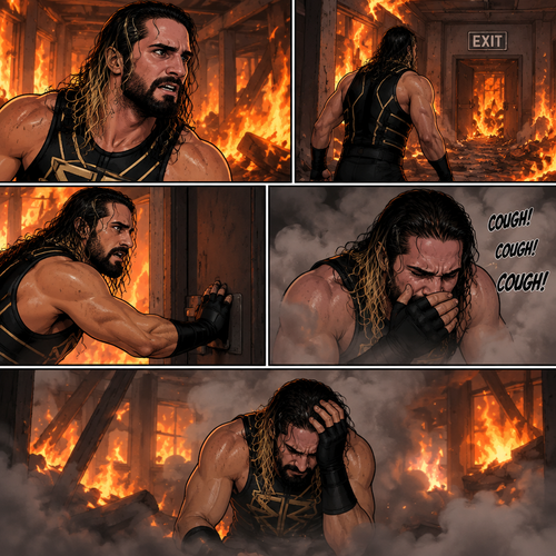 Seth Rollins is in a burning building,He tries to find a way out,he couldn’t find a way out. He was coughing because of the smoke