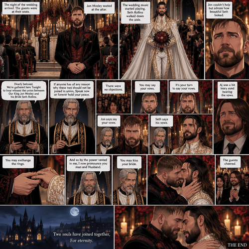 (Recap) Seth Rollins (The vampire hunter turned Bride of the Vampire king) Reunited with his long lost brother Aj Styles,Time skip to 3 days before the wedding,Seth and Jon Moxley (Vampire King) were still preparing,Aj helped out,The night before Aj had told Jon and Seth that he’s a werewolf,Seth and Jon were shocked but were happy that Aj was being honest with them,Seth was on the balcony Looking at the view and Looking nervous about the wedding,Jon appeared behind him checking in on him,“Can’t sleep?” Jon asked,“No” Said Seth,Jon wrapped his arms around him,“What’s on your mind?” Jon asked,”I’m just very nervous about our wedding,Don’t get me wrong I want to marry you…It’s just….what if I mess up? What if people don’t like me?…what if…..I’m not enough….for you?” Said Seth,”Look at me my love” Jon said softly,Seth looked up at him,”You’re not gonna mess up,I’ll be right with you,If people don’t like you they’ll have to deal with me,You ARE enough for me,You’re the only one I want,The ONLY one i love,You’re mine..and I’m yours,For eternity” Jon said softly,Seth’s heart fluttered,Jon kissed him softly,”I love you” Jon said Softly,”I love you too” Seth said softly,They kissed again. (And now part 9) The night of the wedding arrived,The guests were at their seats. Jon was waiting at the altar. The wedding music started playing. Seth walked down the aisle. Jon couldn’t help but admire how beautiful Seth looked. Seth got to the altar. “Dearly beloved,We’re gathered here Tonight to bear witness the union between Our King Jon Moxley and his Bride Seth Rollins” Said the officiant. “If anyone has of any reason why these two should not be joined in union,Speak now or forever hold your peace” The officiant continued. There were no objections. The officiant looked at Jon and said “You may say your vows”. Jon says his vows. Afterwards The officiant looked at Seth and said “It’s your turn to say your vows”. Seth says his vows. Aj was a bit teary eyed hearing the vows. “You may exchange the rings” said the officiant. Jon and Seth exchanged the rings. “And so by the power vested in me,I now pronounce you man and Husband” said the officiant. He looked at Jon and said “You may kiss your bride”. They kissed. The guests cheered. Two souls have joined together,For eternity (The end)