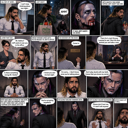 Seth Rollins was working at an office building,last night,on his way home from the grocery store he heard a scream from an alleyway,He looked and saw a Vampire,He recognized the vampire…it was Jeff Hardy…his boss,Seth quietly ran home hoping Jeff didn’t see him,He had been thinking about that night all day,He was snapped out of his thoughts when someone tapped him on the shoulder,It was Jessica Jeff’s assistant,she told him that Jeff wanted to see him in his office,Dread washed over Seth’s face,He walked to Jeff’s office and knocked on the door’”Come in” said Jeff,Seth opened the door,”There he is,just the guy I wanted to see,shut the door behind you and take a seat” said Jeff,Seth closed behind him and took a seat. (And now part 2). “Is there something wrong Mr.Hardy?” Seth asked nervously. Jeff looked at Seth with a serious expression. “I know you saw me last night” said Jeff. Seth had a fearful expression on his face but tried to keep it cool. “I’m sorry…I don’t know what you’re talking about” said Seth. “Don’t play dumb with me Seth,I know that you know my secret” said Jeff. Seth’s heart was pounding. Seth was about to run to the door,But Jeff used his vampire speed to get to the door first and locked it trapping Seth inside with him. “You’re not going anywhere” Said Jeff. He slowly walked towards Seth. Seth slowly walked backwards. “Please don’t hurt me,I-I won’t tell anyone” Seth pleaded. Seth’s back hit a wall