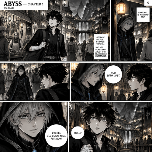 ABYSS — CHAPTER 1

Page 5: The Guide

Sora Amamiya — Appearance: A 17-year-old boy, 178 cm tall, with a slim athletic build. He has messy, layered jet-black hair with sharp, irregular spikes and uneven bangs, sharp light-grey eyes with dark pupils, and a youthful, defined face. He wears a fitted black high-collar jacket with silver buttons over a dark shirt, black trousers, a black belt with a rectangular silver buckle, and black lace-up combat boots. White bandages wrap around both wrists and partially cover both hands. He carries a dark travel bag.

Rei Mikazuki — Appearance: A mysterious boy with soft, layered silver hair, cool blue-grey eyes, and a calm, enigmatic expression. He wears a black hooded cloak with subtle blue accents over dark layered clothing, black trousers, and black boots. A blue crystal pendant hangs from a silver chain around his neck. His appearance is elegant and shadowy, contrasting with Sora’s spiky black hair and fitted black jacket.

Panel 1 — A Stranger in the Crowd

Sora walks slowly through the village streets, looking in every direction with a bewildered expression. He watches merchants selling strange objects, villagers crossing wooden bridges, and lanterns glowing between towering buildings. His dark travel bag hangs at his side. Despite the lively atmosphere, he senses something unsettling about this place.

Panel 2 — Someone Notices Him

Across the crowded street, Rei stands beneath a hanging lantern, quietly observing Sora. His silver hair catches the warm light, and his hood casts a shadow over his blue-grey eyes. While everyone else goes about their business, Rei seems to notice Sora immediately.

Panel 3 — The Approach

Rei walks toward Sora through the crowd. Sora notices him approaching and turns, slightly cautious. The warm village lights illuminate one side of Rei’s face while the other remains in shadow.

Panel 4 — The First Words

Rei stops in front of Sora, looking at him with a calm, faintly curious expression.

Rei: “You seem lost.”

Sora stares at him, unsure how to respond.

Panel 5 — An Introduction

A close-up of Rei as he gives a small, mysterious smile.

Rei: “I’m Rei. I’ll guide you… for now.”

Panel 6 — Sora’s Reaction

Sora looks at Rei in surprise, trying to understand how this stranger seems so comfortable in such an unsettling place.

Sora: “Rei…?”

Behind them, the crowded village continues glowing beneath the enormous dark cliffs, beautiful yet strangely mysterious.

