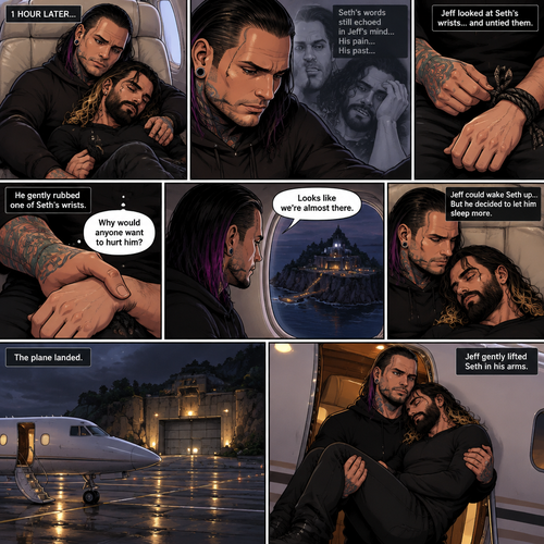 (Part 4). Still on the private plane. 1 hour had passed. The nefarious Jeff Hardy and Seth Rollins (A secret agent) were still asleep after Seth’s emotional breakdown. Seth’s wrists and ankles were still tied up and still in Jeff’s arms. Jeff woke up,He looked down at Seth who was still asleep. He thought back to Seth’s emotional breakdown About his past. Jeff had sadness in his eyes again,He looked at Seth’s wrists…and untied them. He gently rubbed one of Seth’s wrists. “Why would anyone want to hurt him?” Jeff quietly asked himself. Jeff looked out the window,His secret lair was in sight. “Looks like we’re almost there” Jeff said to himself. Jeff could wake Seth up….But he decided to let him sleep more. The plane landed. Jeff gently lifted Seth in his arms