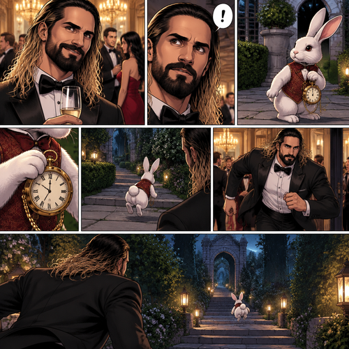 Seth Rollins was at a fancy party,Then he sees a white rabbit outside.It’s wearing a fancy vest and holding a pocket watch and it’s looking at him.Then it starts hopping away and Seth followed it