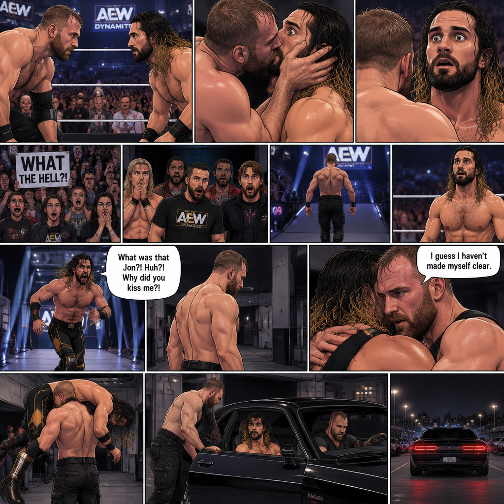 Jon Moxley and Seth Rollins were in a match against each other. It’s the main event. It seemed like it was gonna go on for a while…but then….something unexpected happened. Jon cupped his hands on Seth’s face….pulled him in…and kissed him. Seth’s eyes widened,The fans went crazy with shock,even some of the superstars that were watching were shocked. Jon then pulled away. Seth just stood there stunned. Jon didn’t say a word,he walked out of the ring and walked up the ramp. Seth eventually snapped out of it and left the ring to run to Jon. He managed to catch up to him. “What was that Jon?! Huh?! Why did you kiss me?!” Seth asked. Jon stopped walking and looked at Seth,He still didn’t say a word. He walked closer to Seth. He wrapped his arm around Seth’s waist and pulled him close,Then he whispered in Seth’s ear “I guess I haven’t made myself clear”. He lifted Seth over his shoulder,Then he walked to the parking lot. He put Seth in the passenger Seat and got in the driver seat and drove off