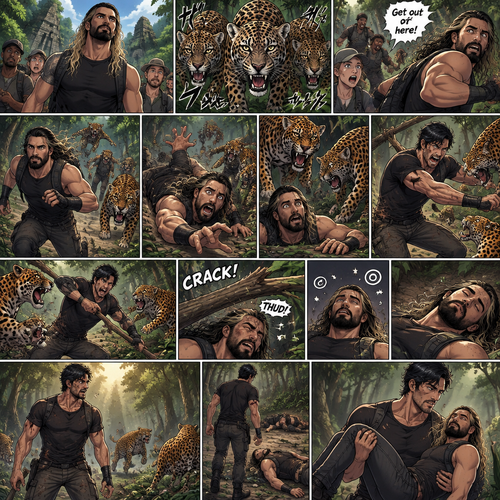 Seth Rollins was exploring the jungle with a group,Then suddenly….a group of jaguars appeared. Everyone scattered. Some of the jaguars went after Seth,He kept running. It seemed like he was going to outrun the jaguars….but then he tripped and fell. The jaguars were about to pounce on him….then suddenly…a wild man (Markiplier) jumped in. He fended off the jaguars while Seth watched in stunned silence. While the fight was going on…a tree branch fell…and landed on Seth’s head,He got dizzy….then he passed out due to the dizziness. The wild man finally managed to completely fend off the jaguars. The wild man turned around and walked to Seth who’s still unconscious,He lifted him in his arms