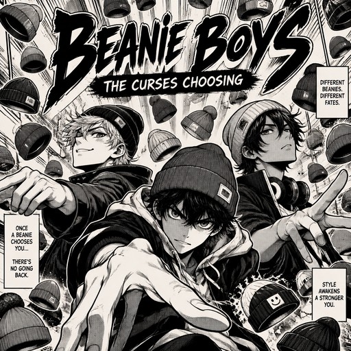 a title page that says beanie boys the curses choosing and there are 3 teenagers in beanie's below it and for the background it has beanie's all over the page