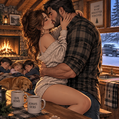 right here beside the warm fire then, daddy, because the trios are completely full and they are loving their father's profound, unbroken closeness under this ceiling today, I murmur proudly against your rugged jawline, giving you one last slow, deeply passionate morning kiss that finalizes our absolute happy ending victory directly into the timbers.iThe unfiled deed can rot, the dead clock stays stopped below, and our beautiful family fortress answers completely to the pair of us from the inside forever. Keep your massive, powertul arm wrapped tight around my waist on this kitchen bench, husband, let the family truck idle until their fuel runs dry in the snow, and let's close the day flat, certain, and locked tightly in each other's arms. We are finally, permanently home.
