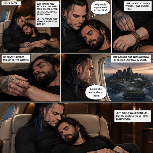 (Part 4). Still on the private plane. 1 hour had passed. The nefarious Jeff Hardy and Seth Rollins (A secret agent) were still asleep after Seth’s emotional breakdown. Seth’s wrists and ankles were still tied up and still in Jeff’s arms. Jeff woke up,He looked down at Seth who was still asleep. He thought back to Seth’s emotional breakdown About his past. Jeff had sadness in his eyes again,He looked at Seth’s wrists…and untied them. He gently rubbed one of Seth’s wrists. “Why would anyone want to hurt him?” Jeff quietly asked himself. Jeff looked out the window,His secret lair was in sight. “Looks like we’re almost there” Jeff said to himself. Jeff could wake Seth up….But he decided to let him sleep more