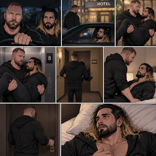 (Recap) Jon Moxley and Seth Rollins were fighting each other in a main event match against each other,Then Jon did something unexpected,He cupped his hands on Seth’s face,pulled him in and kissed him,the fans and some of the other wrestlers were shocked,Jon pulled away,Seth stood there stunned,Jon walked out of the ring and walked up the ramp,Seth eventually snapped out of it,he left the ring and ran to Jon,he wanted to know why Jon kissed him,Jon stopped walking and looked at Seth,He wrapped his arm around Seth’s waist and pulled him close,He whispered In Seth’s ear “I guess I haven’t made myself clear”,He put Seth over his shoulder and walked to the parking lot,He put Seth in the car and got in the driver seat and drove off. (And now part 2). After 20 minutes of driving Jon pulled into the parking lot of a hotel,He parked the car. He got out of the car and walked to the passenger seat. Before Seth could ask what’s going on Jon opened the door and lifted Seth in his arms,Then he walked into the hotel while holding Seth.He got in the elevator. When the elevator got to the 8th floor Jon walked out. He walked to his hotel room with Seth still in his arms,he got inside his hotel room. He gently put Seth down on the bed,Then he walked to the door and closed it and locked it. Seth’s heart was pounding a little