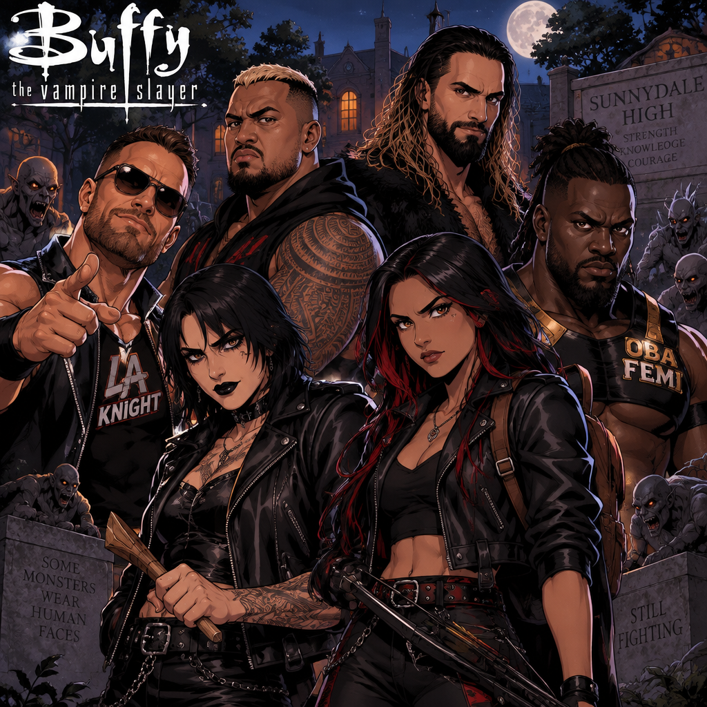 LA Knight,Solo Sikoa,Seth Rollins,Oba Femi,Rhea Ripley and Ari Stone (My wrestler oc) in Buffy the vampire slayer