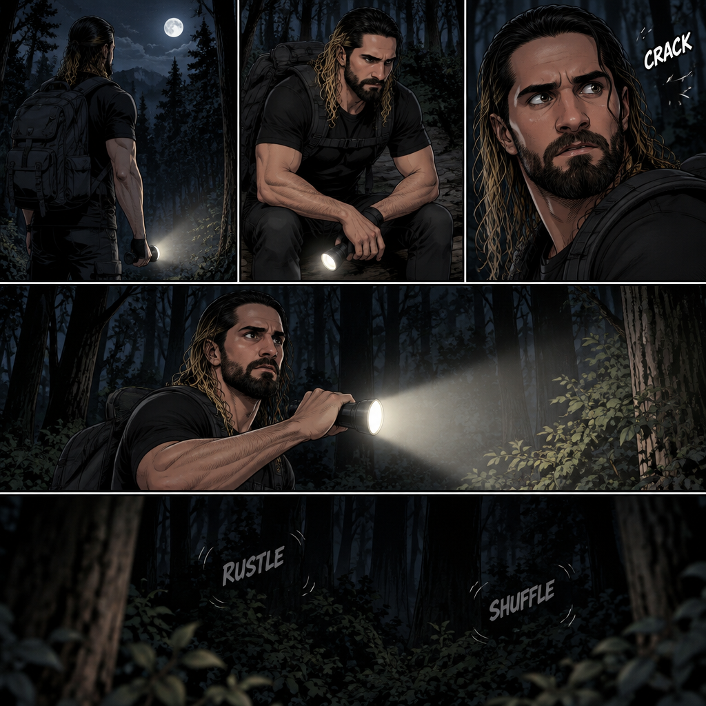 Seth Rollins was lost in the middle of the woods at night,The only this has right now is a backpack and a flashlight.He was about to take a break…then he heard something stepping on a twig.He looked around for the source pointing his flashlight,Then he heard something moving in the woods