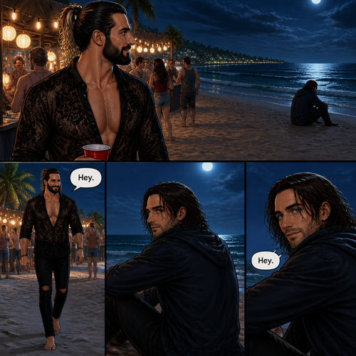 Seth Rollins is at a party,Then he sees Bucky sitting alone on the beach.He walks over to him. “Hey” said Seth. Bucky looked at him. “Hey” Said Bucky