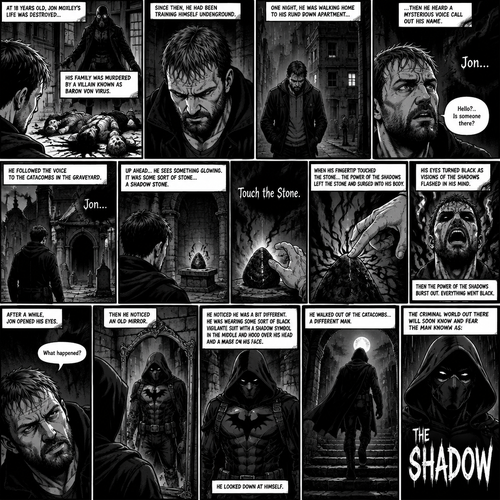 Jon Moxley as a vigilante born from tragedy. When he was 18 years old his family was murdered by a villain known as Baron Von Virus. Since then he had been training himself underground. One night he was walking home to his run down apartment…then he heard a mysterious voice call out his name. “Hello?…Is someone there?” Jon asked. It called out his name again. He followed the voice to the catacombs in the graveyard. Up ahead…He sees something glowing. It was some sort of stone…a shadow stone. Then the voice repeats “Touch the Stone”. Jon slowly walks towards the stone,His hand reaches out. When his fingertip touched the stone…the power of the shadows left the stone and surged into His body. His eyes turned black as visions of the shadows flashed in his mind. Then the power of the shadows burst out. Everything went black. After a while,Jon opened his eyes. “What happened?” Jon asked himself. Then he noticed an old mirror. He looked at his reflection…he noticed he was a bit different. He was wearing some sort of black vigilante suit with a shadow symbol in the middle and hood over his head and he was wearing a mask on his face.He looked down at himself. He walked out of the catacombs a different man. The criminal world out there will soon know and fear the man known as:The shadow