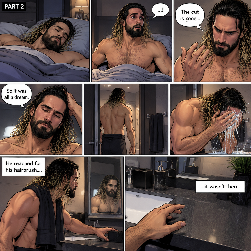 (Recap) Seth Rollins Was walking in the forest near his house,he discovered a statue of a sorcerer (Roman Reigns),he finds a hole on it,then he accidentally cuts his hand,A little bit of his blood dripped in the hole,then it broke apart…revealing the sorcerer himself,Seth was shocked,the sorcerer grabbed Seth’s wrist and pulled him closer,He looked at Seth’s eyes,then he used a spell to make Seth sleep,then he lifted Seth in his arms. (And now part 2). Seth was asleep on his bed,then he woke up. He sat up confused. He looked at his hand…the cut was gone. “So it was all a dream” Seth said to himself. He got up and walked to the bathroom,then he splashed cold water on his face. He reached for his hairbrush….it wasn’t there