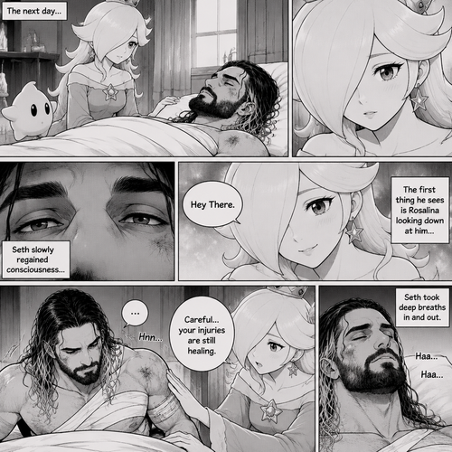 (Part 3 of the Seth Rollins x Princess Rosalina story). The next day,Seth was still unconscious,Rosalina was watching over him. Then…Seth slowly regained consciousness. The first thing he sees is Rosalina looking down at him. “Hey There” Rosalina said softly. He tried to sit up. “Careful…your injuries are still healing” Rosalina said softly. Seth took deep breaths in and out.
