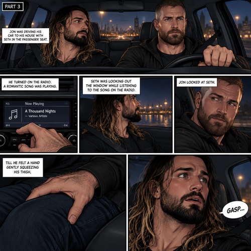 (Recap) Seth Rollins and Jon Moxley met at a bar called “Fangtastica”,Jon ordered a drink for Seth,He sat beside Seth after Seth took a sip of the drink,After a while they slow danced together on the dance floor after a slow romantic song played,After awhile They walked to Jon’s car together,They got in and drove off. (And now part 3). Jon was driving his car to his house with Seth in the passenger seat. He turned on the radio,A romantic song was playing. Seth was looking out the window while listening to the song on the radio. Jon looked at Seth. Seth was focused on the view….till he felt a hand gently squeezing his thigh,He gasped softly