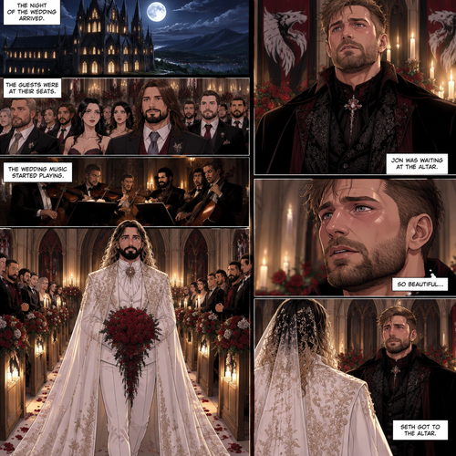 (Recap) Seth Rollins (The vampire hunter turned Bride of the Vampire king) Reunited with his long lost brother Aj Styles,Time skip to 3 days before the wedding,Seth and Jon Moxley (Vampire King) were still preparing,Aj helped out,The night before Aj had told Jon and Seth that he’s a werewolf,Seth and Jon were shocked but were happy that Aj was being honest with them,Seth was on the balcony Looking at the view and Looking nervous about the wedding,Jon appeared behind him checking in on him,“Can’t sleep?” Jon asked,“No” Said Seth,Jon wrapped his arms around him,“What’s on your mind?” Jon asked,”I’m just very nervous about our wedding,Don’t get me wrong I want to marry you…It’s just….what if I mess up? What if people don’t like me?…what if…..I’m not enough….for you?” Said Seth,”Look at me my love” Jon said softly,Seth looked up at him,”You’re not gonna mess up,I’ll be right with you,If people don’t like you they’ll have to deal with me,You ARE enough for me,You’re the only one I want,The ONLY one i love,You’re mine..and I’m yours,For eternity” Jon said softly,Seth’s heart fluttered,Jon kissed him softly,”I love you” Jon said Softly,”I love you too” Seth said softly,They kissed again. (And now part 9) The night of the wedding arrived,The guests were at their seats. Jon was waiting at the altar. The wedding music started playing. Seth walked down the aisle. Jon couldn’t help but admire how beautiful Seth looked. Seth got to the altar