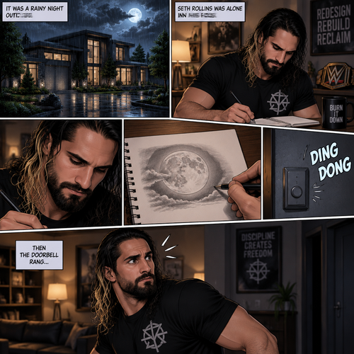 It was a rainy night outside,Seth Rollins was alone in his house,He drawing a picture of the moon on his notebook.Then the doorbell rang