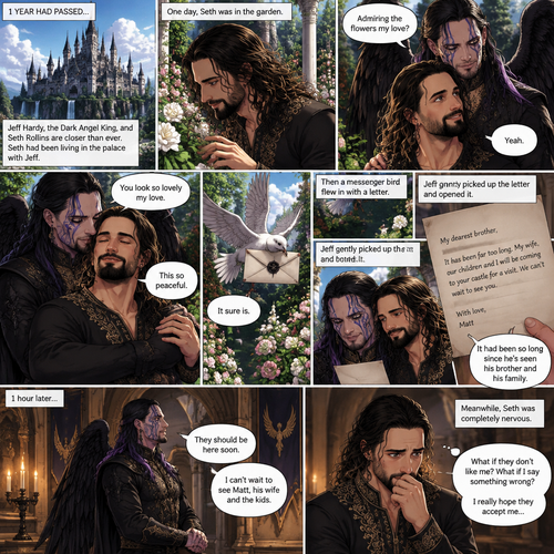 (Part 4 of the dark angel X human story). 1 year had passed,Jeff Hardy (The dark angel king) and Seth Rollins are more closer than ever. Seth had been living in the palace with Jeff. One day Seth was in the garden. Jeff walked behind him. “Admiring the flowers my love?” Jeff asked. Seth smiled softly. “Yeah” Seth said softly. Jeff gently pulled Seth in his embrace. “You look so lovely my love” Jeff said softly. Seth hummed softly. “This so peaceful” Seth said softly. “It sure is” Jeff said softly. Then a messenger bird flew in with a letter. Jeff gently picked up the letter and opened it,It was from his brother Matt saying that he and his wife and kids are coming to Jeff’s castle for a visit. Seth looked at the letter too. Jeff smiled,it had been so long since he’s seen his brother and his family. 1 hour later,Jeff was anticipating their arrival and Seth was completely nervous