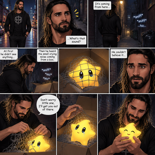 Seth Rollins was having a stroll down the street at night,then…he heard a small crying sound. He followed the sound to an alleyway. At first he didn’t see anything…then he heard the small crying noise coming from a box. He looked inside…he couldn’t believe it…it was a star (Luma). It was tangled up in a net. He got over his shock. “Don’t worry little one,I’ll get you out of there” said Seth. He gently untangled the net off Luma and gently picked  him up