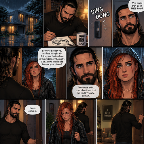 It was a rainy night outside,Seth Rollins was alone in his house,He drawing a picture of the moon on his notebook.Then the doorbell rang. “Who could that be in THIS hour?” Seth  asked himself. He got up and opened the door,A young Irish woman (Becky Lynch) was standing outside on his porch soaking wet from the rain wearing a hood. “Sorry to bother you this late at night sir,But my car broke down in the middle of the night,Can I come inside and borrow your phone?” Asked the woman.Seth looked at the woman,There was this…aura about her that he couldn’t quite explain.He decided to let her in. “Sure..come in” said Seth.The woman walked in and Seth shut the door
