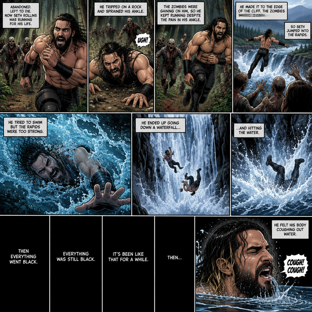 (Recap) Seth Rollins was running from a zombie horde in the woods after getting abandoned and left to die by his own group,He tripped on a rock and sprained his ankle,The zombies were gaining on him so he kept running despite the pain in his ankle,He made it to the edge of the cliff,The zombies were closing in,So Seth jumped into the rapids,He tried to swim but the rapids were too strong,He ended up going down a waterfall and hitting the water,Then everything went black. (And now part 2). Everything was still black. It’s been like that for a while,Then…..He felt his body coughing out water