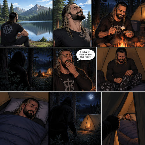 Seth Rollins was camping in the woods,he was enjoying the view of the lake and enjoying the fresh air,Hours later nighttime came,He was making s’mores at the campfire.He was enjoying himself…but…little did he know…that something…or someONE was watching him.Seth eventually got tired and yawned. “I think I’ll turn in for the night” said Seth.He went inside his tent,put pajamas on,got in his sleeping bag and went to sleep,Soon enough…Seth was deep asleep.The mysterious figure quietly walked to Seth’s tent,He opened the tent quietly